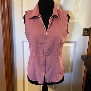 Red and White Sleeveless Zip-Up Blouse